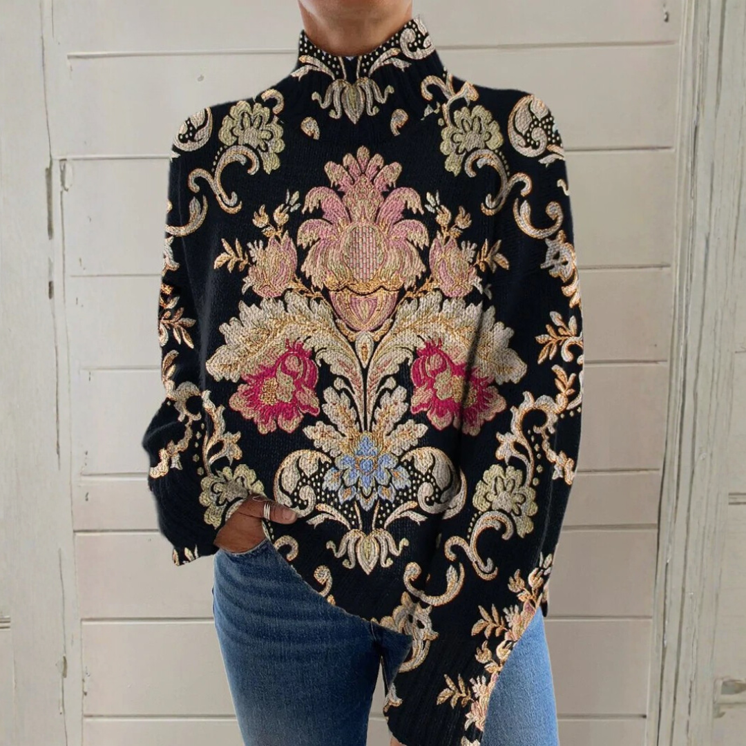 Olivia - Retro Floral Knit Turtleneck Sweater