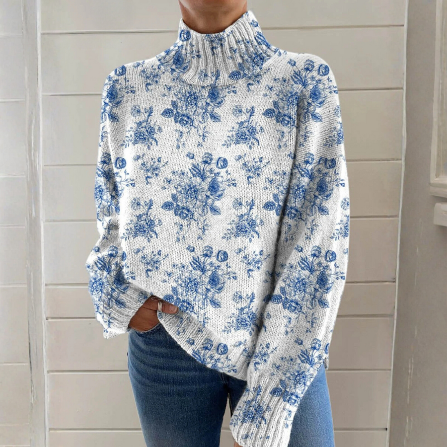 Hannah - Floral Print Turtleneck Sweater with Artistic Design