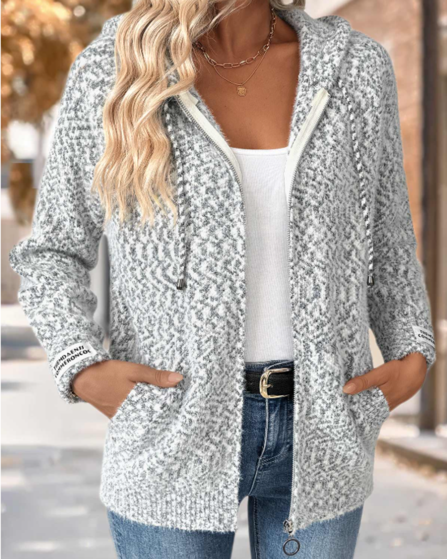 Long Sleeve Hooded Cardigan with Geometric Print and Tummy Coverage in Grey