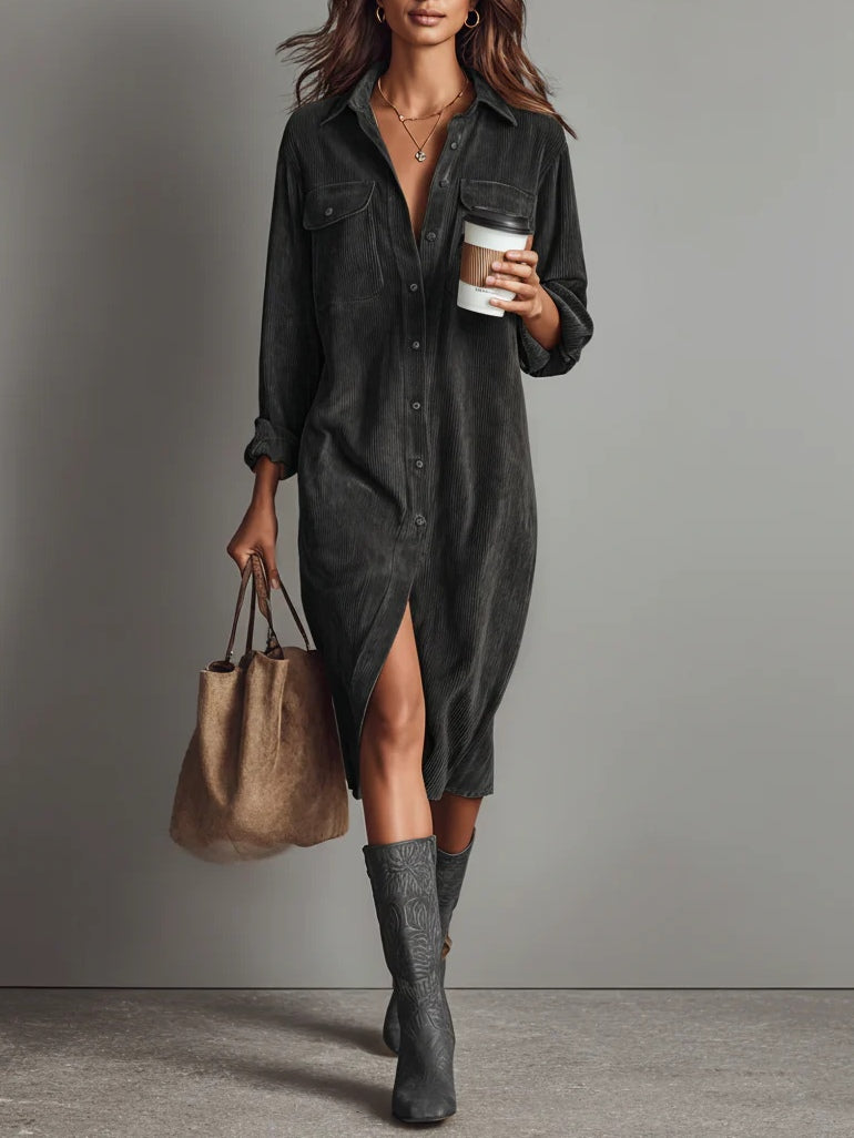 Lucinda | Loose Corduroy Double Chest Pocket Single Breasted Midi Dress