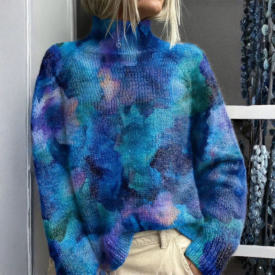 Mia - Turtleneck Sweater with Abstract Water Floral Print