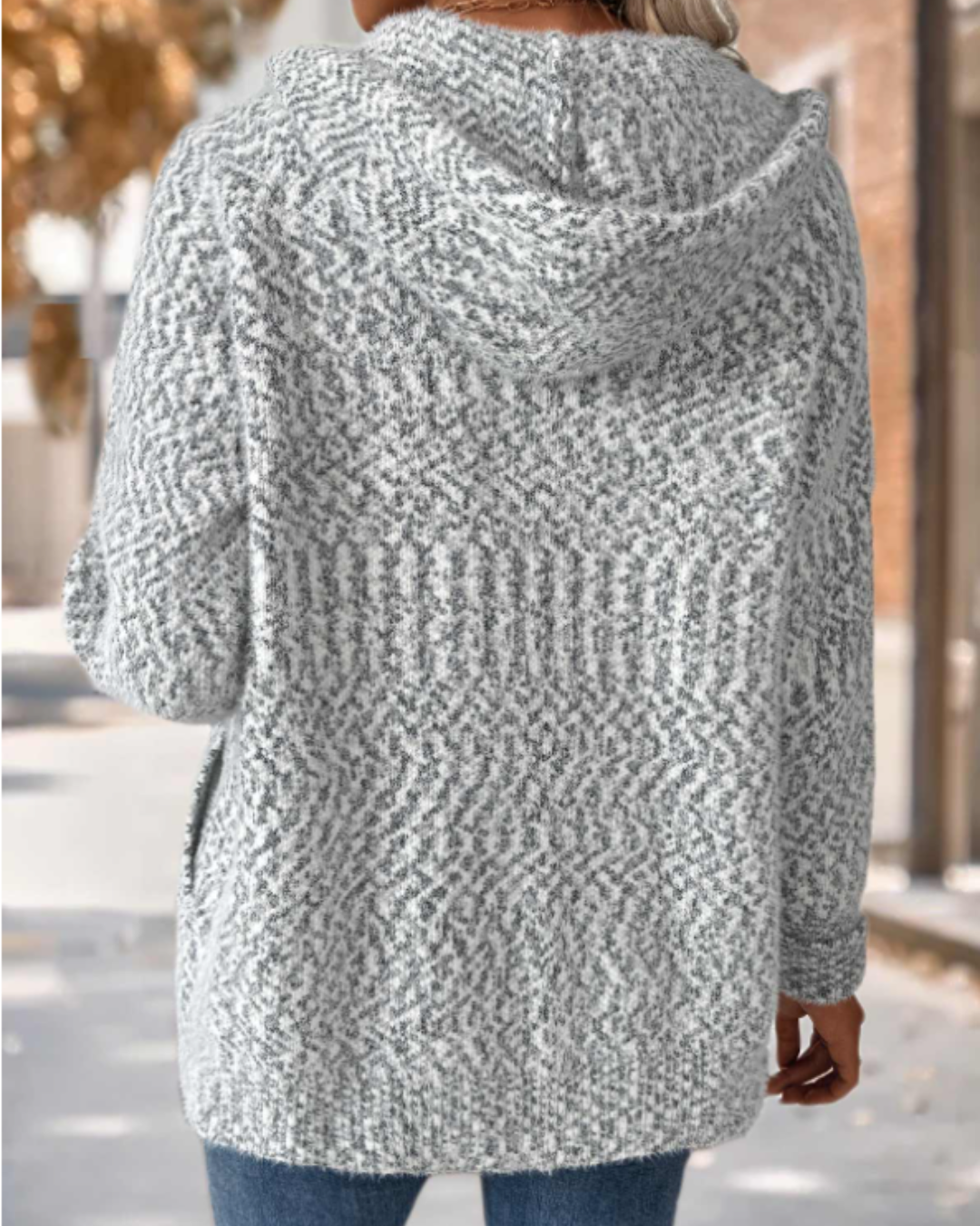 Long Sleeve Hooded Cardigan with Geometric Print and Tummy Coverage in Grey
