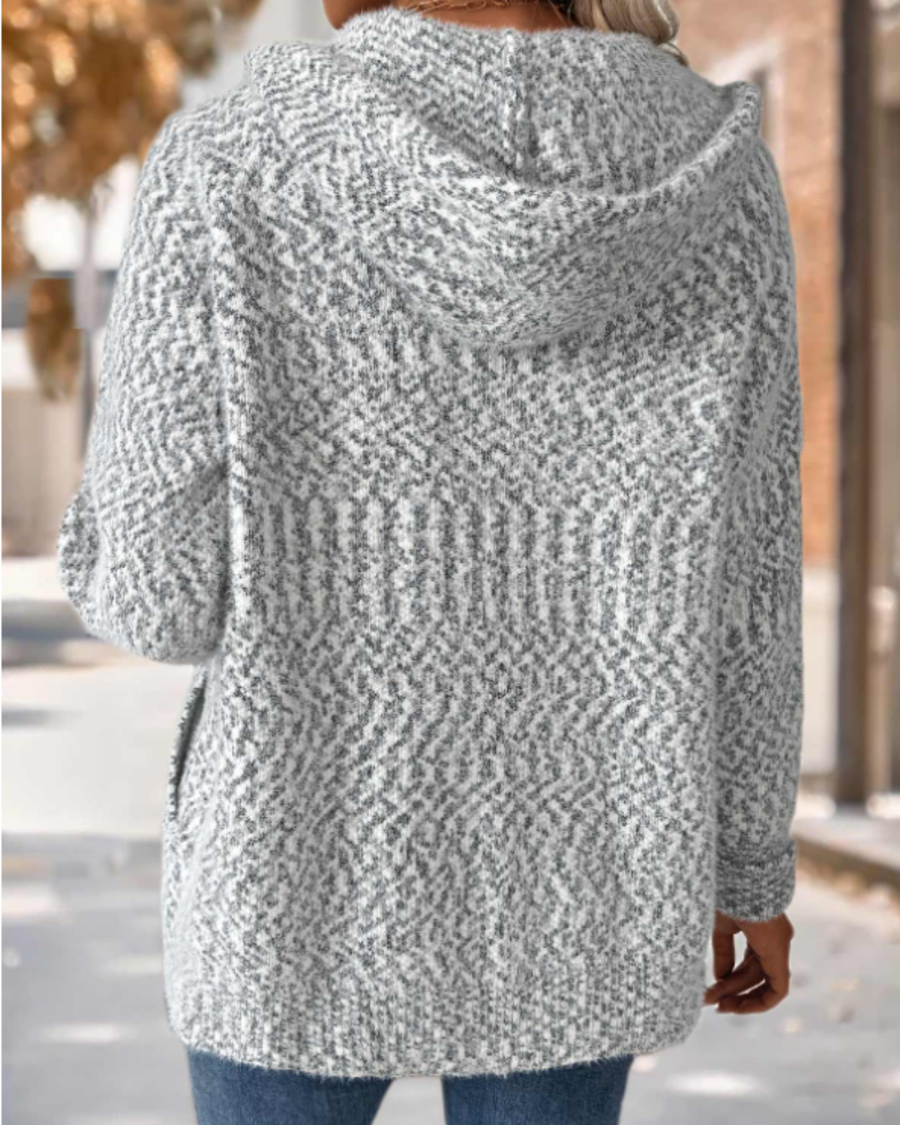 Long Sleeve Hooded Cardigan with Geometric Print and Tummy Coverage in Grey