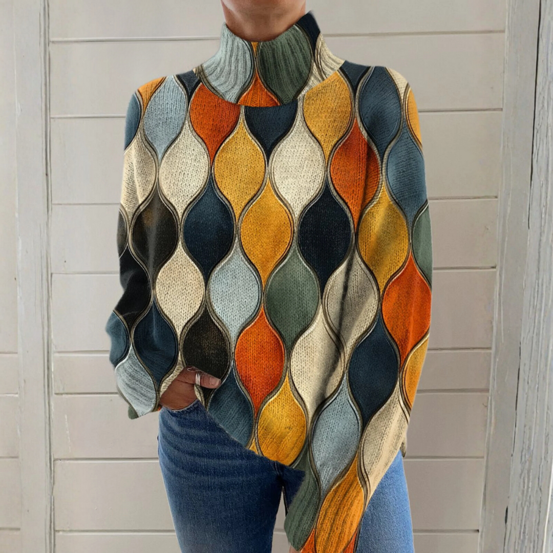 Ava - Turtleneck Sweater with Abstract Wavy Lines and Oval Design