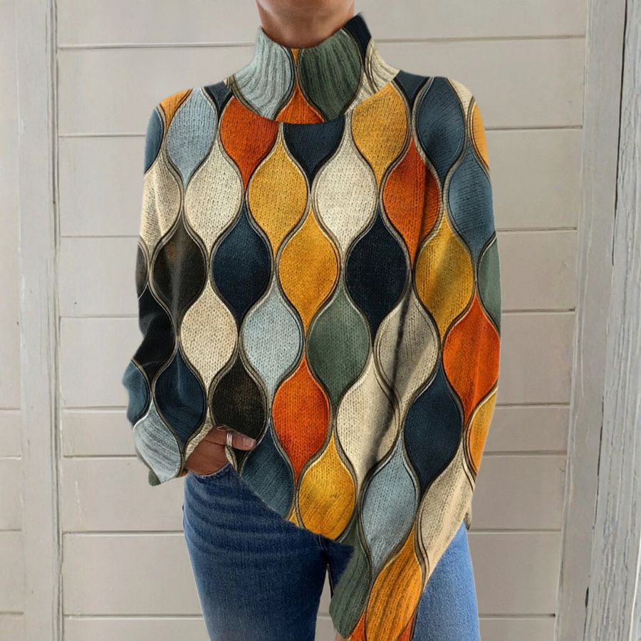 Ava - Turtleneck Sweater with Abstract Wavy Lines and Oval Design