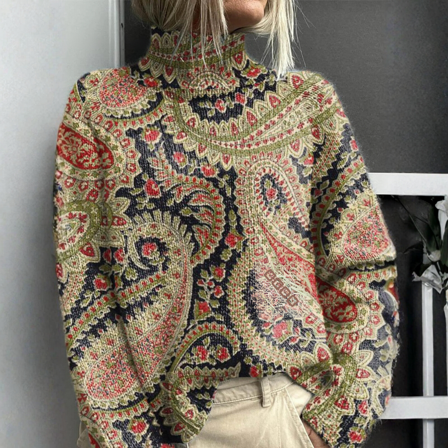 Elena - Retro Floral Knit Turtleneck Sweater