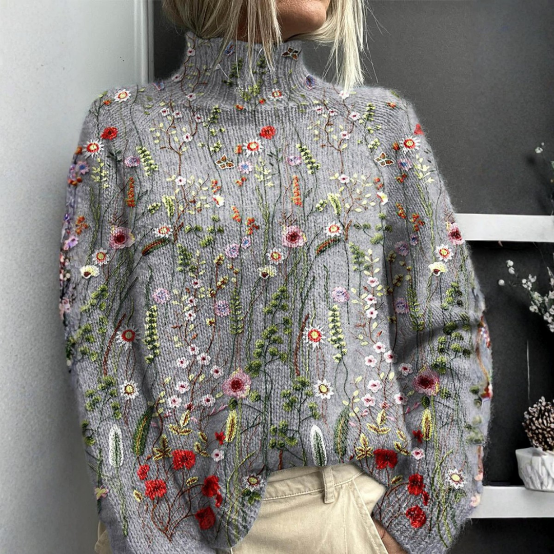 Delilah - Retro Floral Print Turtleneck Sweater