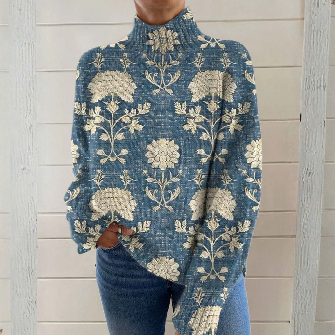 Addison - Retro Floral Crochet Turtleneck Sweater