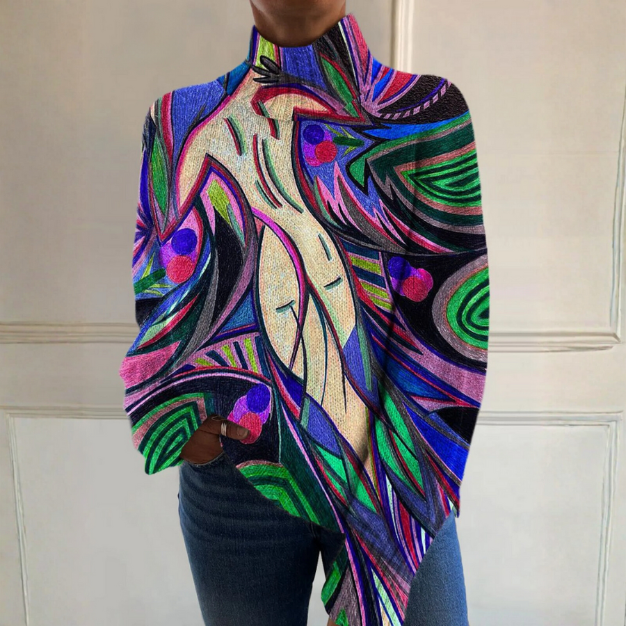 Savannah - Vintage-Inspired Abstract Nude Print Turtleneck Sweater