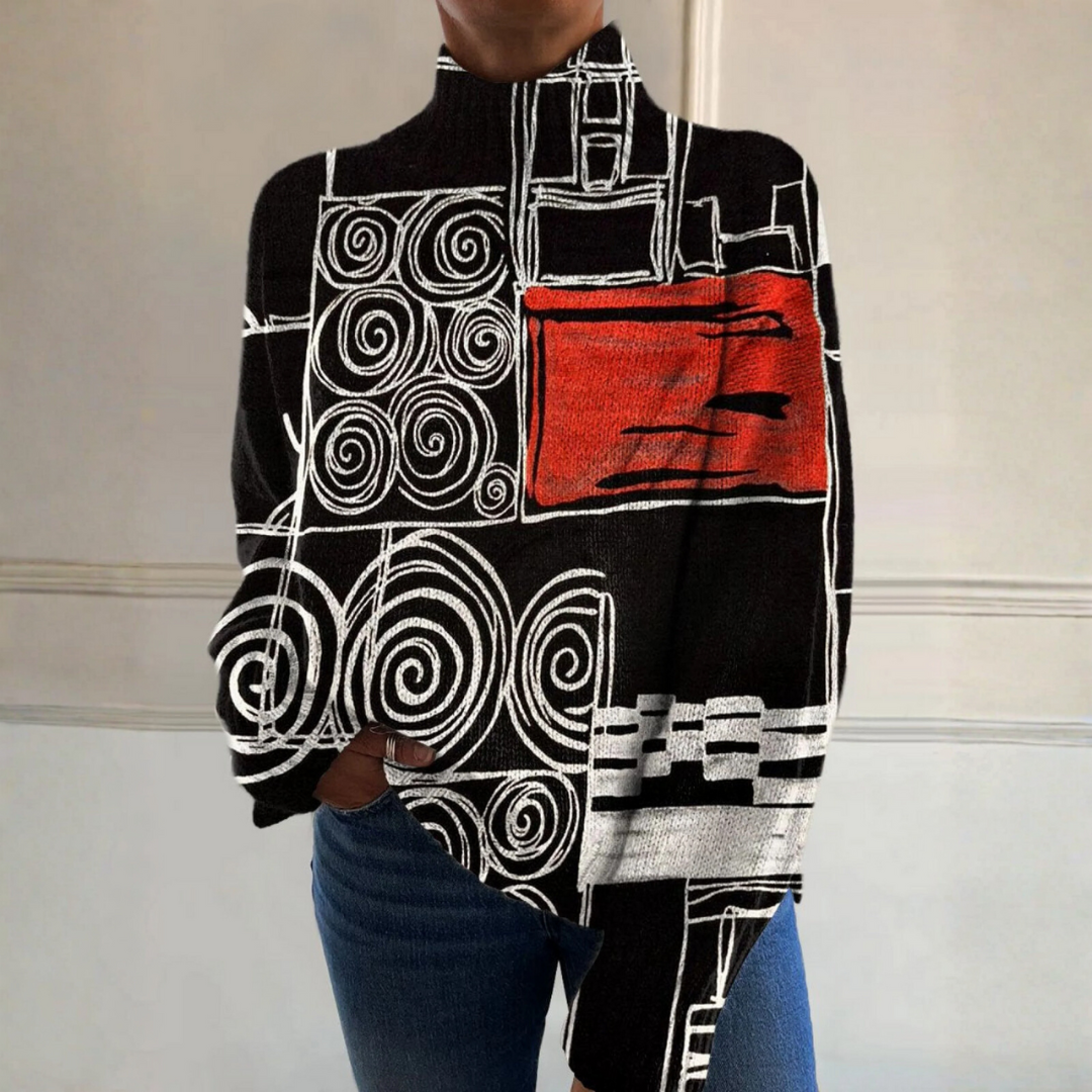 Hazel - Turtleneck Sweater with Abstract Color Block Design