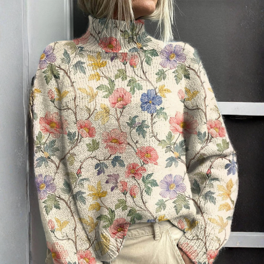 Lucy - Floral Knit Turtleneck Sweater