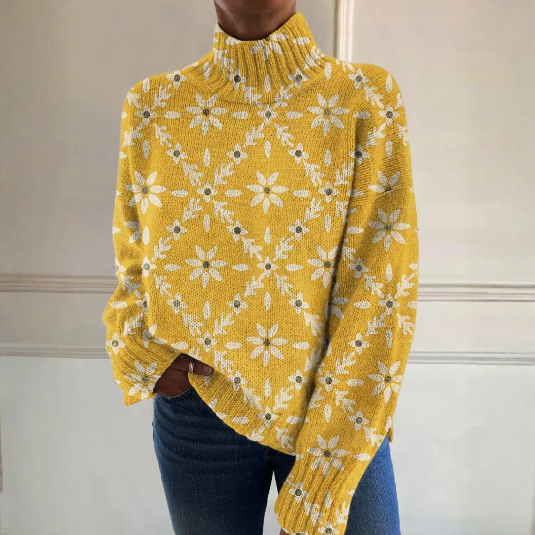 Ivy - Retro Colorful Floral Block Print Turtleneck Sweater
