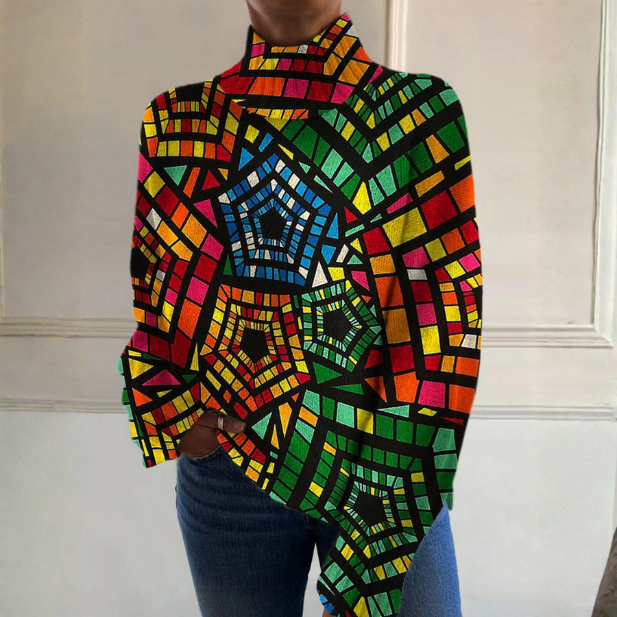 Kennedy - Vintage-Inspired Colorful Geometric Art Print Turtleneck Sweater