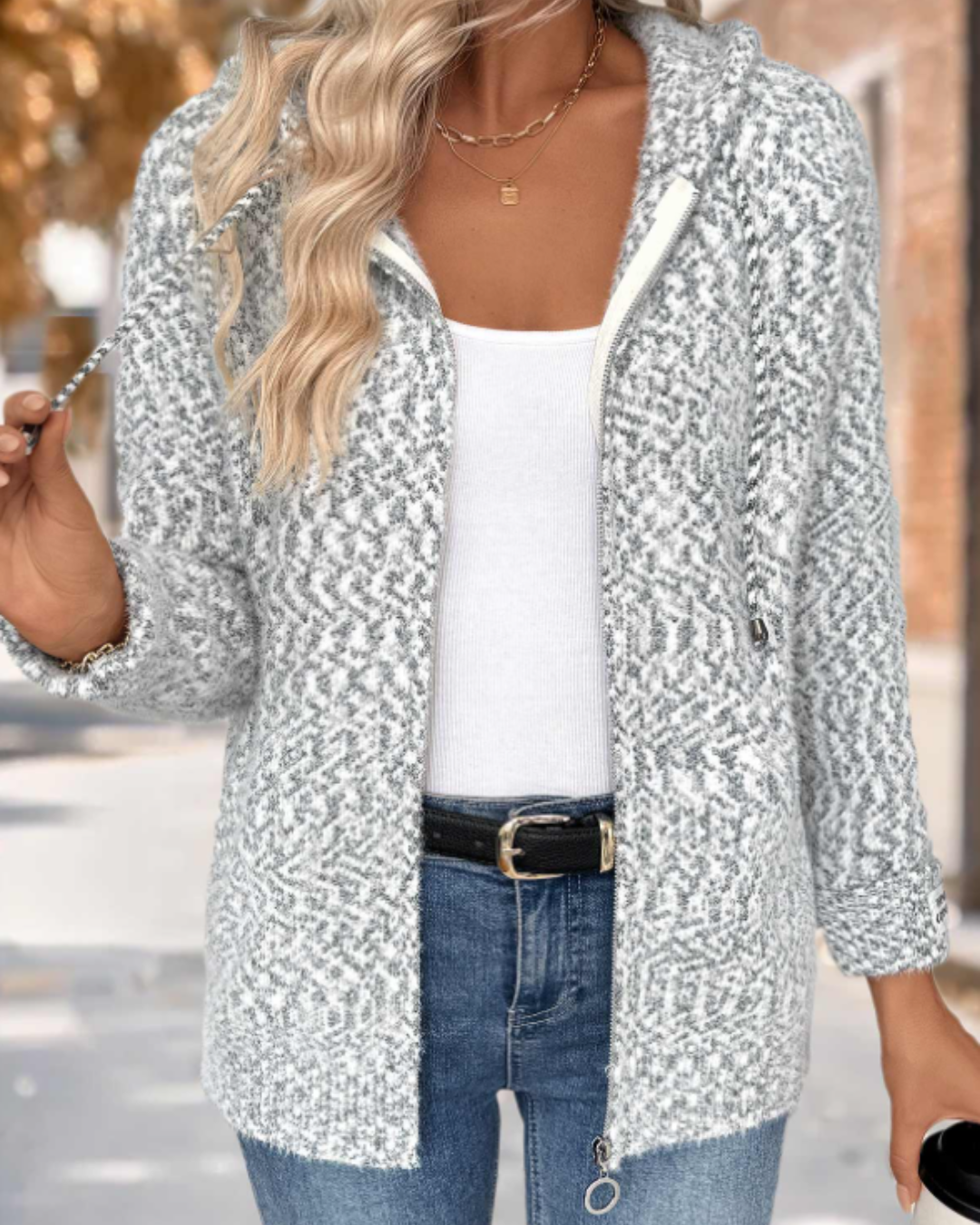 Long Sleeve Hooded Cardigan with Geometric Print and Tummy Coverage in Grey
