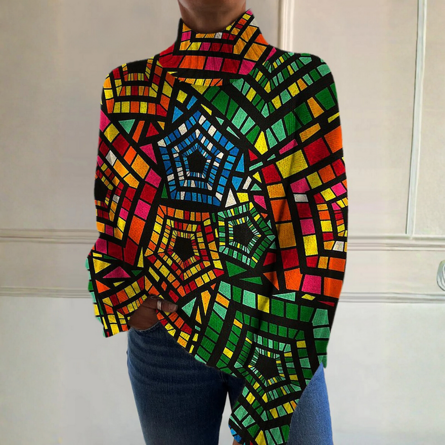 Layla - Vintage-Inspired Turtleneck Sweater with Colorful Geometric Print