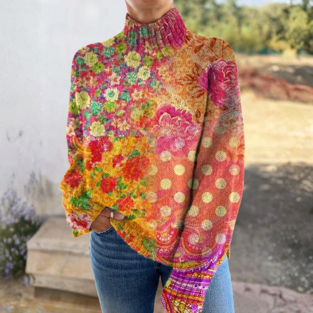 Nora - Floral Polka Dot Knit Turtleneck Sweater