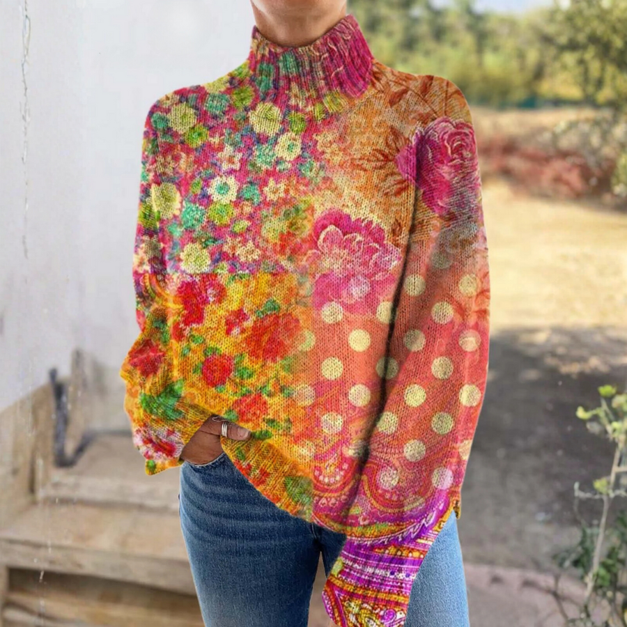Madison - Turtleneck Sweater with Floral Polka Dot Print