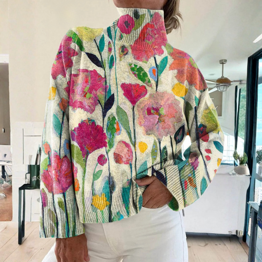 Aurora - Retro Floral Art Print Turtleneck Sweater