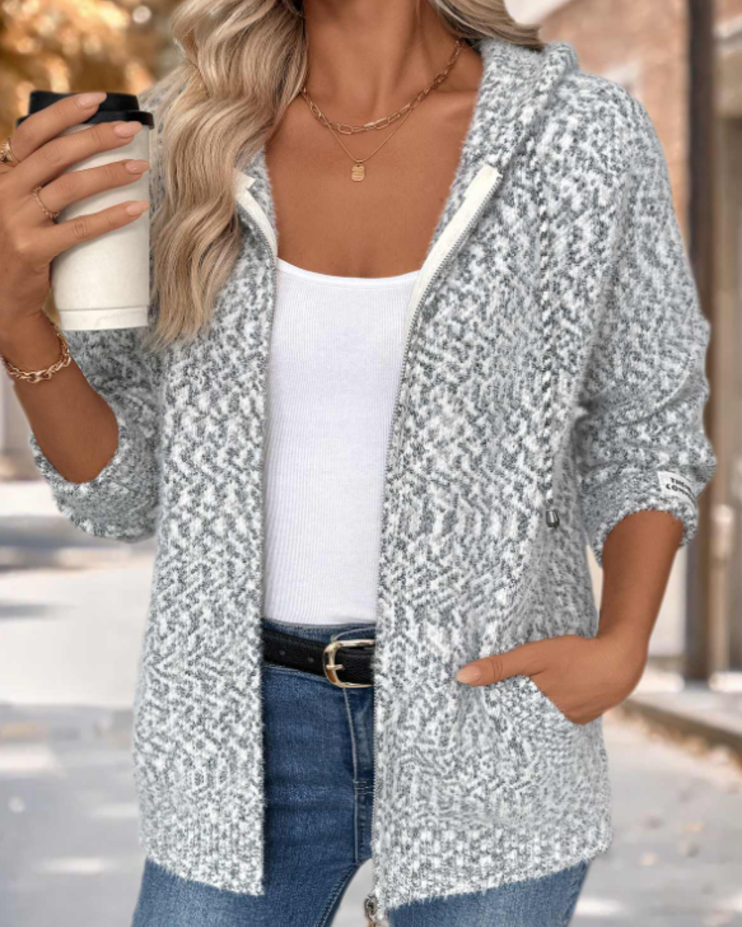 Long Sleeve Hooded Cardigan with Geometric Print and Tummy Coverage in Grey