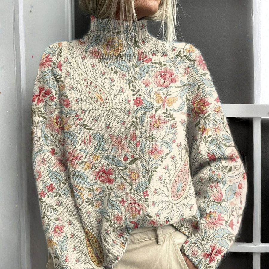 Alice - Retro Paisley Floral Knit Turtleneck Sweater