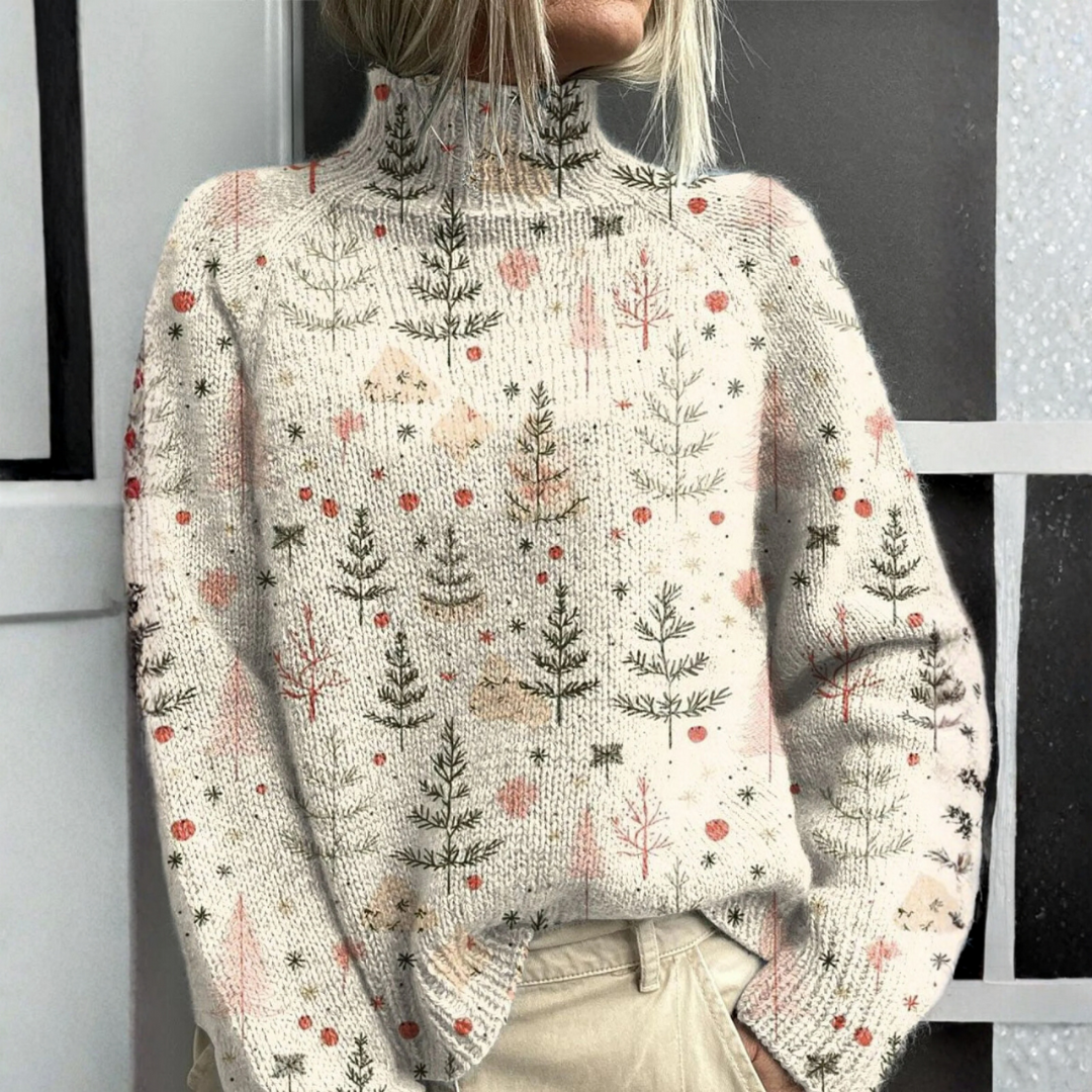 Aubrey - Turtleneck Sweater with Christmas Tree Art Print