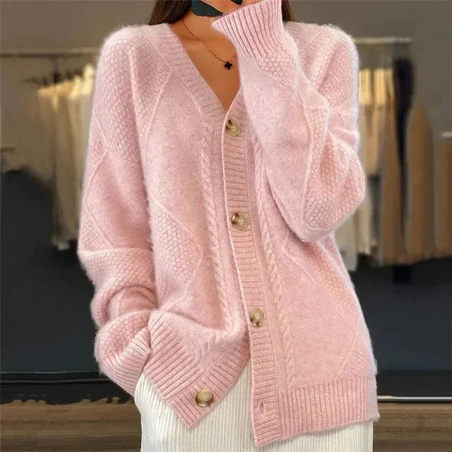 Aaliyah | V-Neck Button-Up Cardigan with Diamond Knit Design, Perfect Everyday Layer
