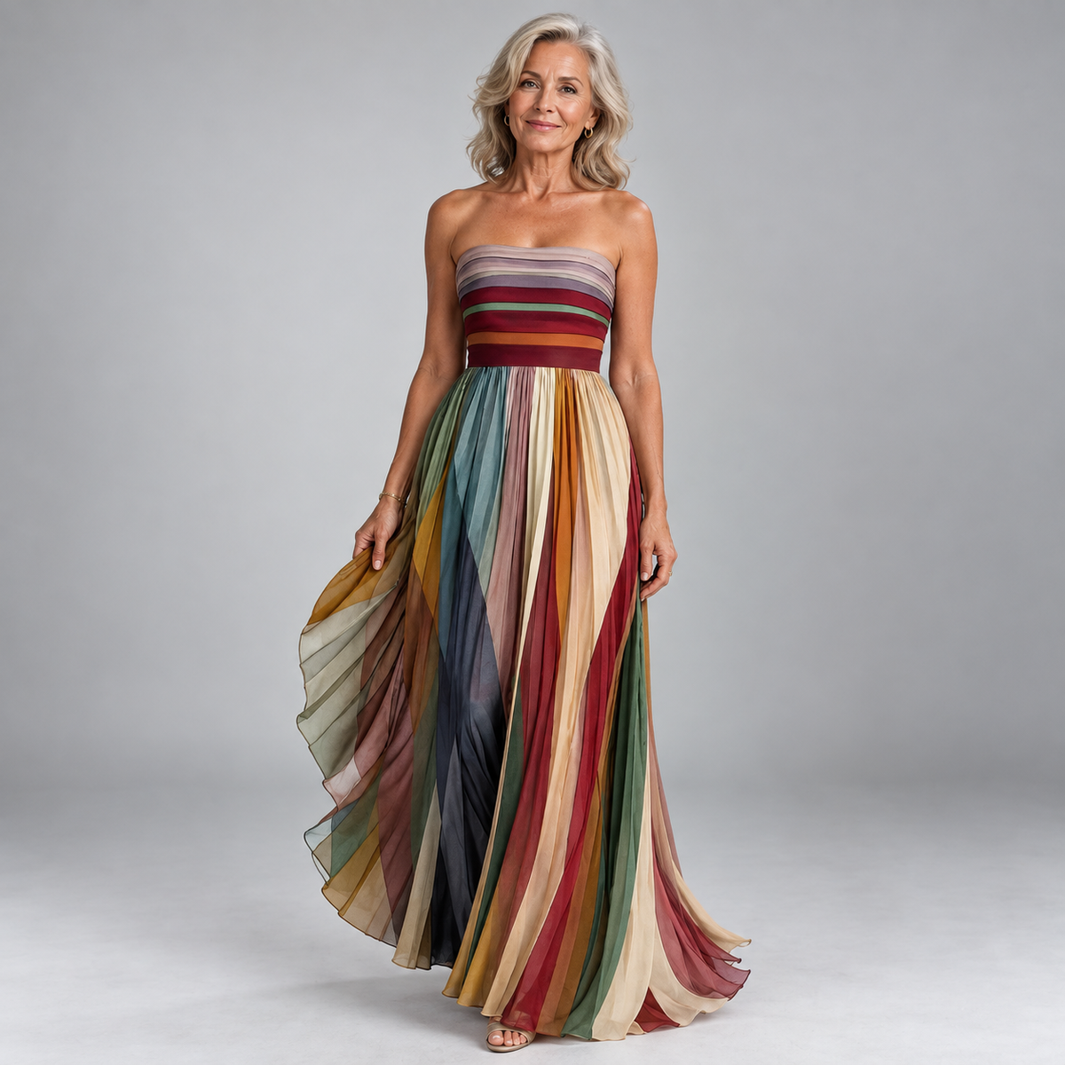 Judith | Women's Strapless Colorful Pleated Summer Maxi Dress Strapless