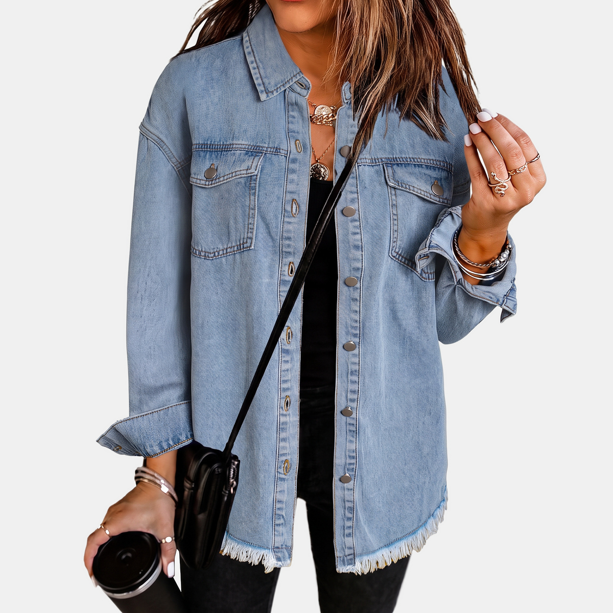 Rosa | Women's Raw Hem Snap Button Washed Denim Jacket