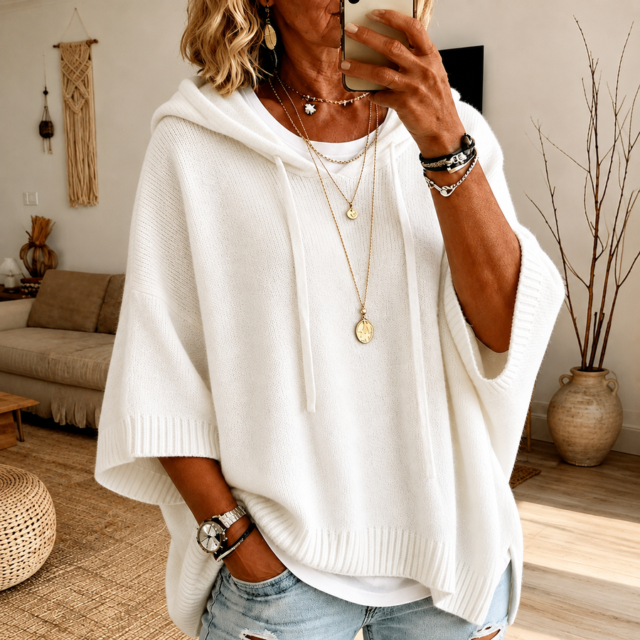Janice – Ivory Knit Poncho Sweater