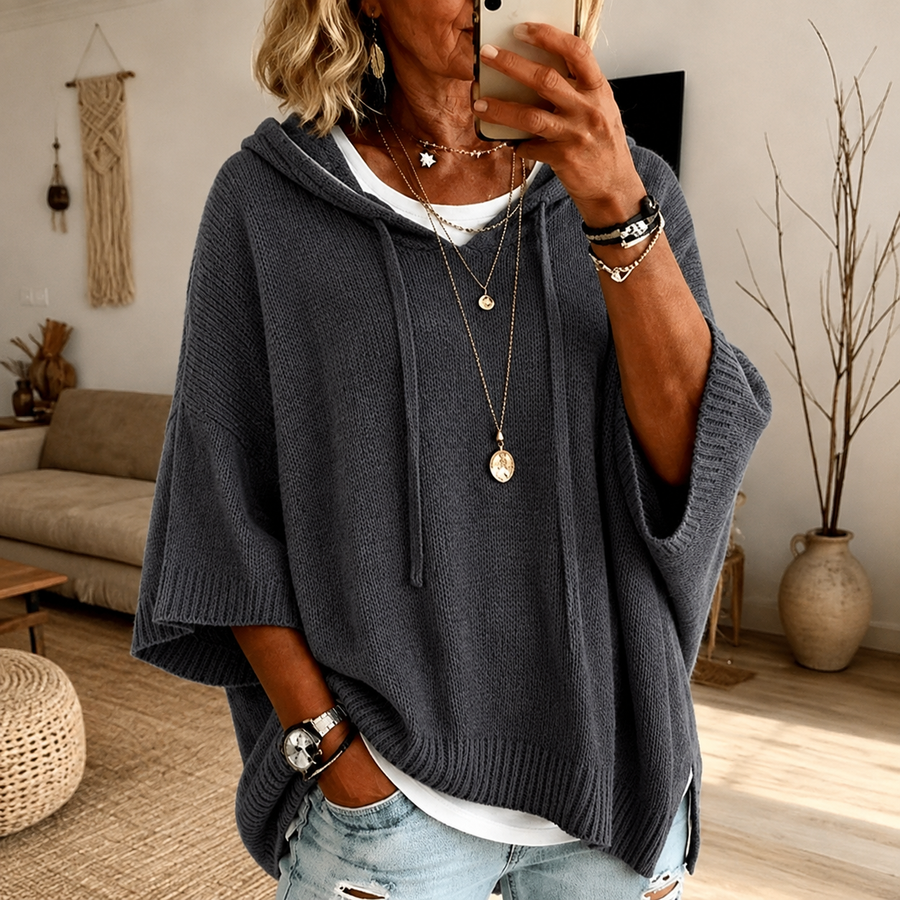 Camille – Charcoal Knit Poncho Sweater