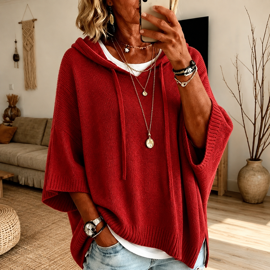 Claire – Crimson Poncho Sweater