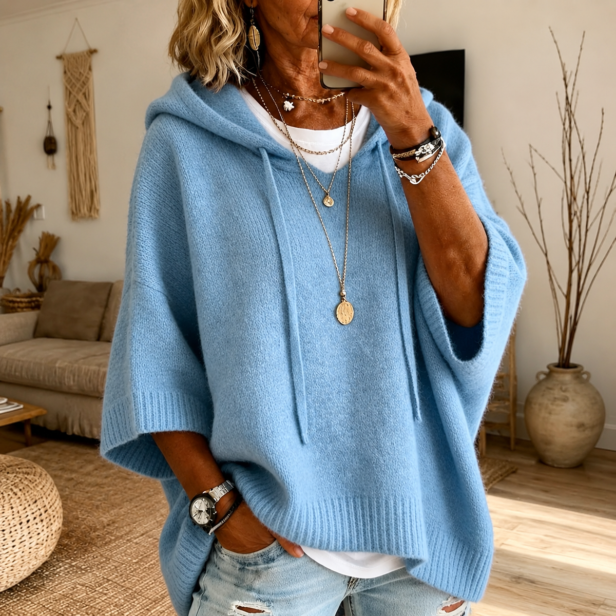 Lea – Sky Blue Cozy Poncho Sweater