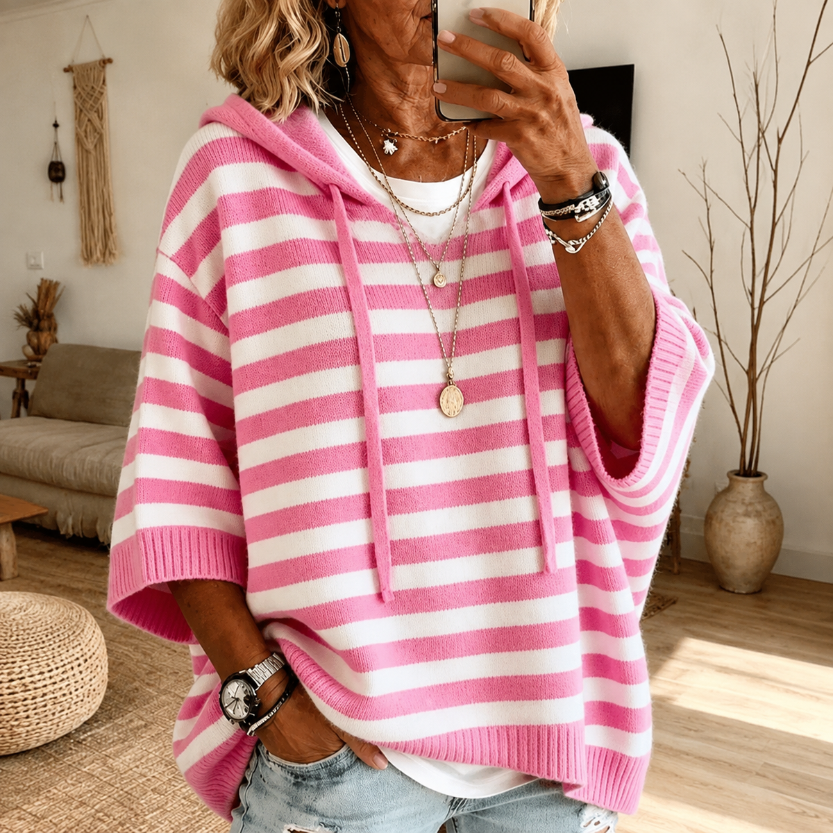 Emilie – Striped Pink Poncho Sweater