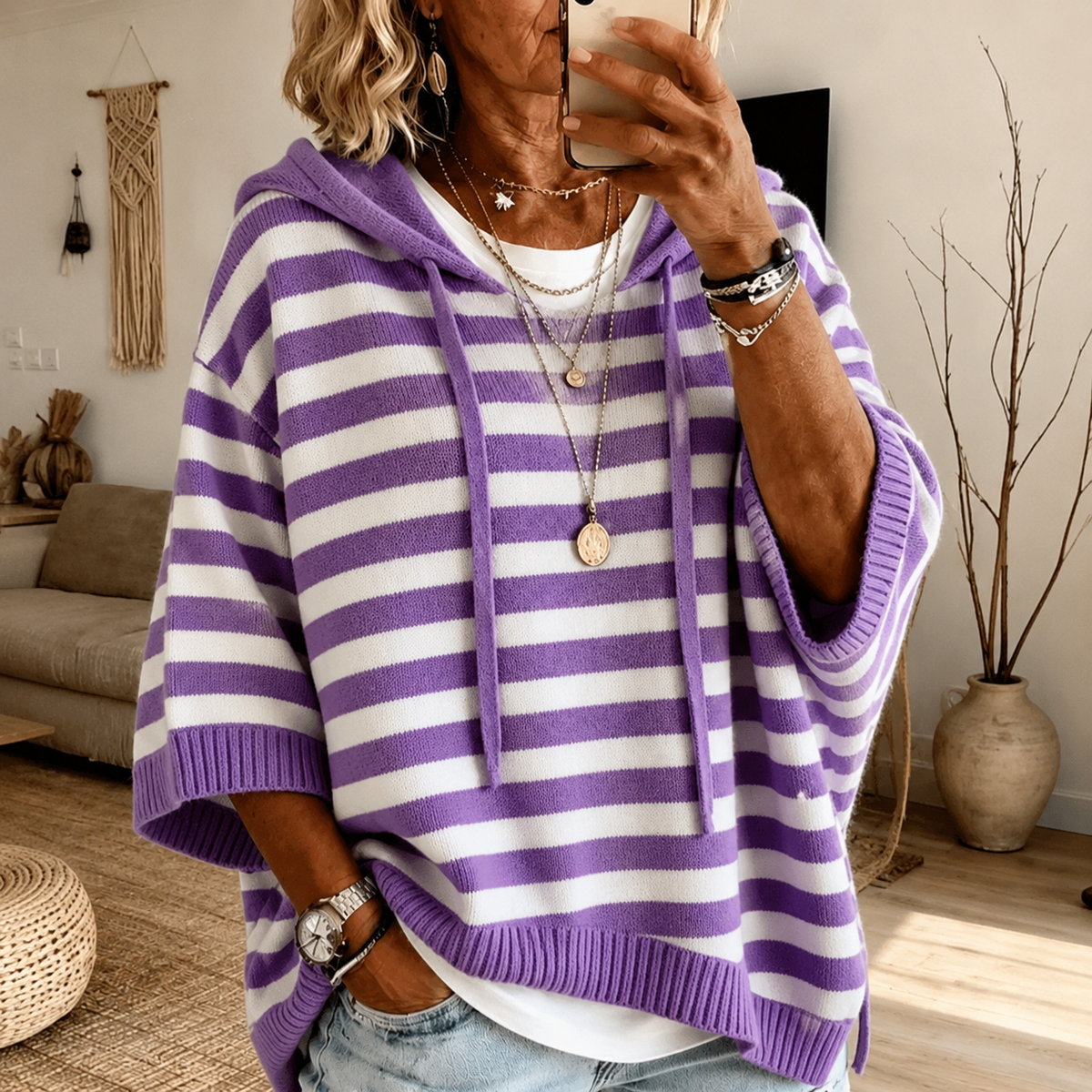 Anais – Striped Purple Poncho Sweater