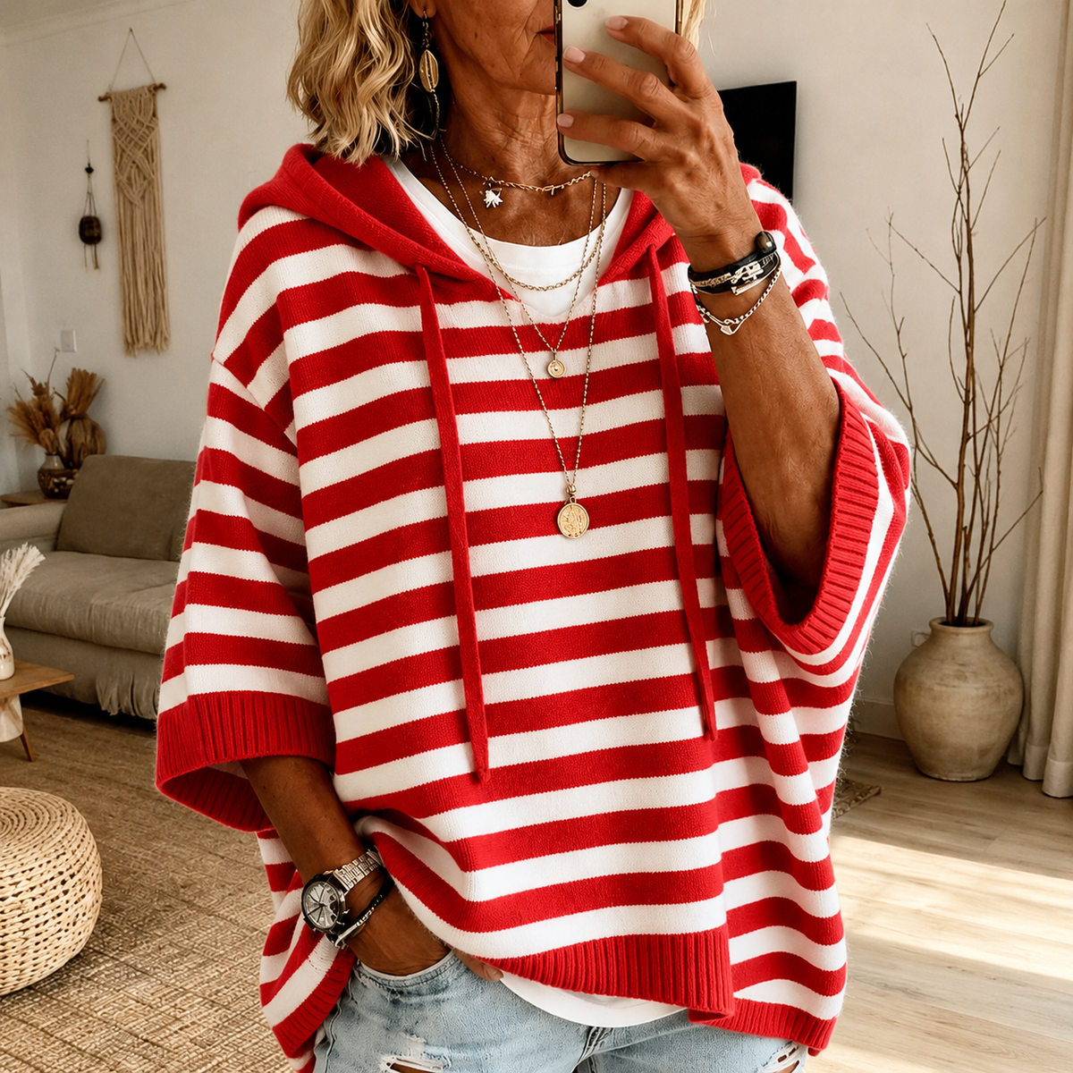 Charlotte – Red Striped Knit Poncho
