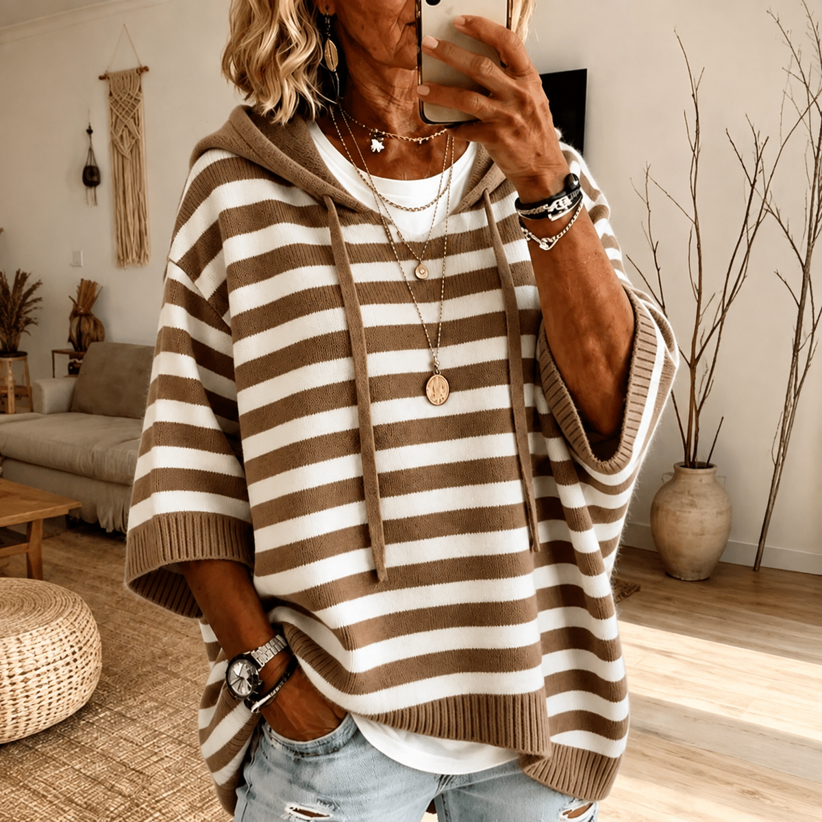 Mathilde – Taupe Striped Poncho Knit