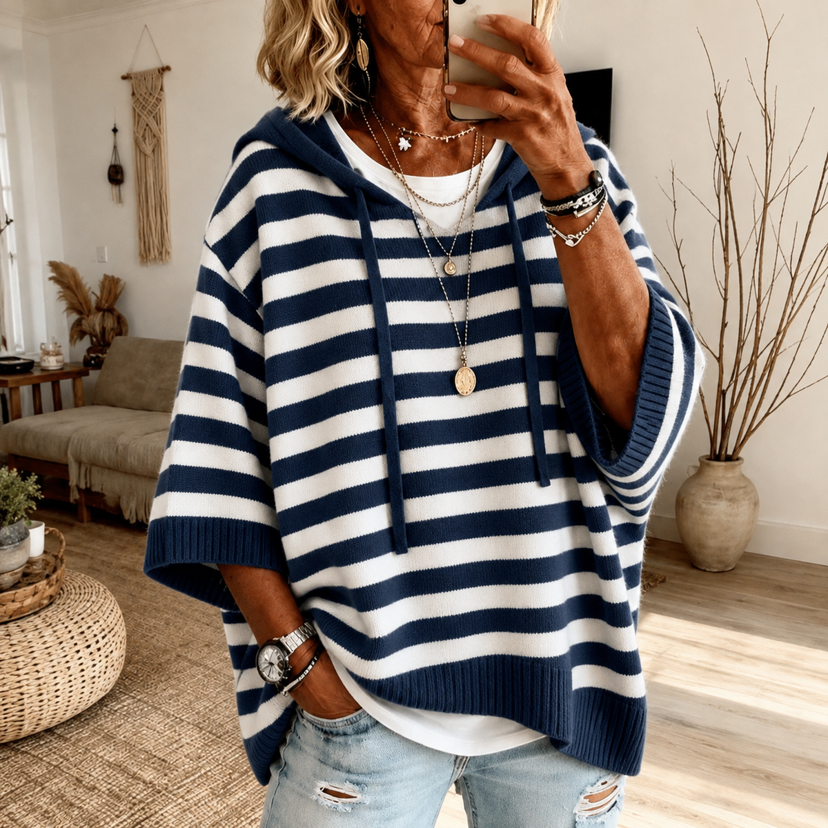 Navy Blue Striped Poncho Sweater – Marine Style