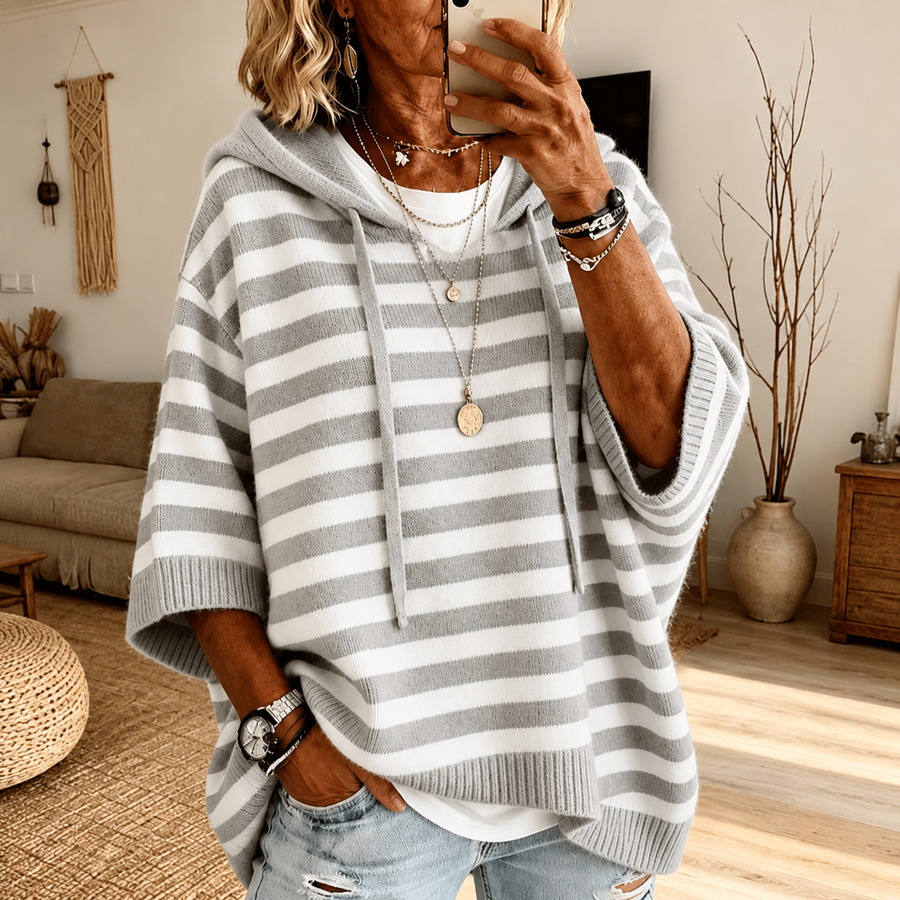 Celine – Gray Striped Poncho Knit Sweater