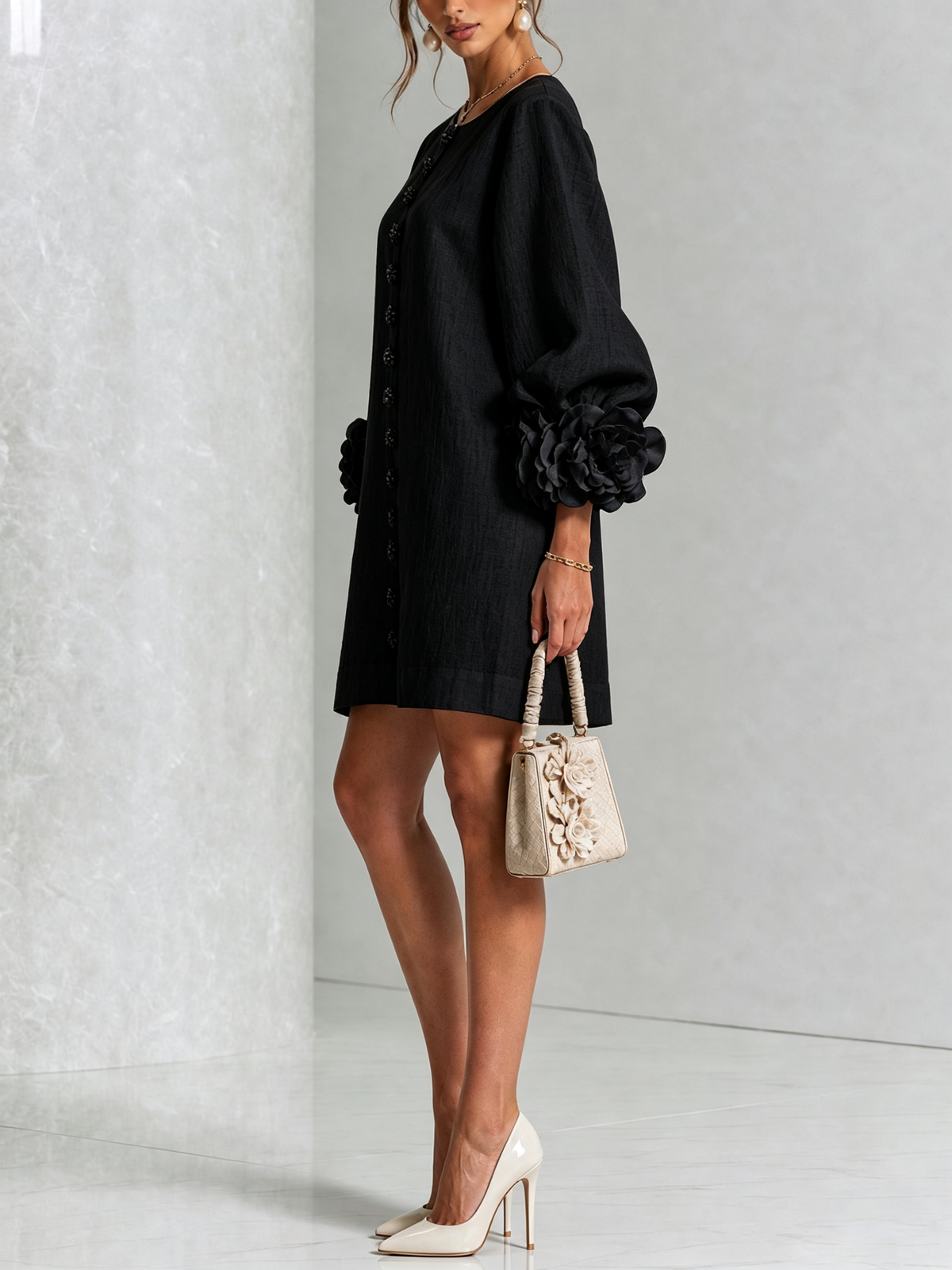 Claire | White Floral Button-down Mini Dress With Striking Floral Cuffs