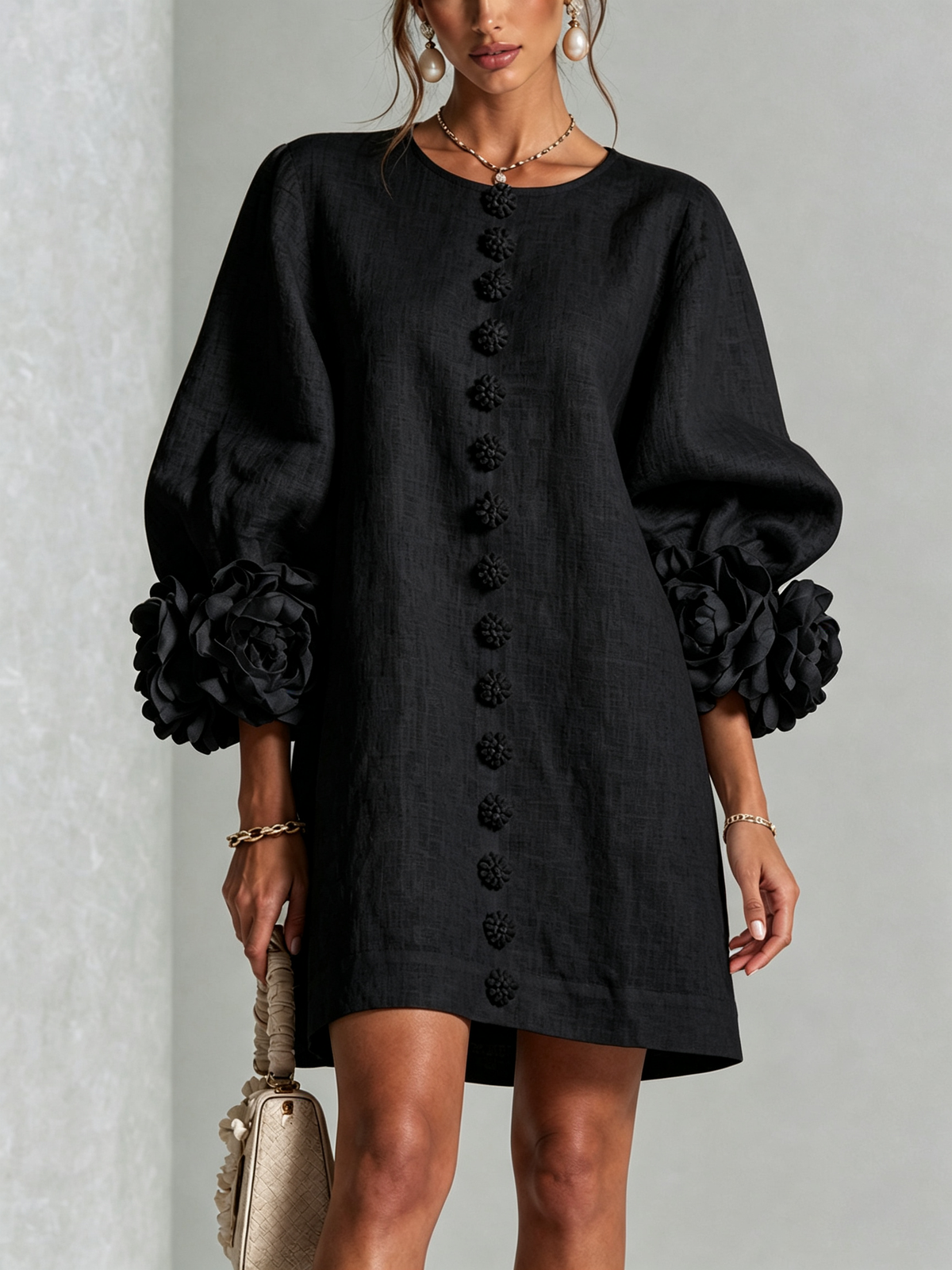 Claire | White Floral Button-down Mini Dress With Striking Floral Cuffs