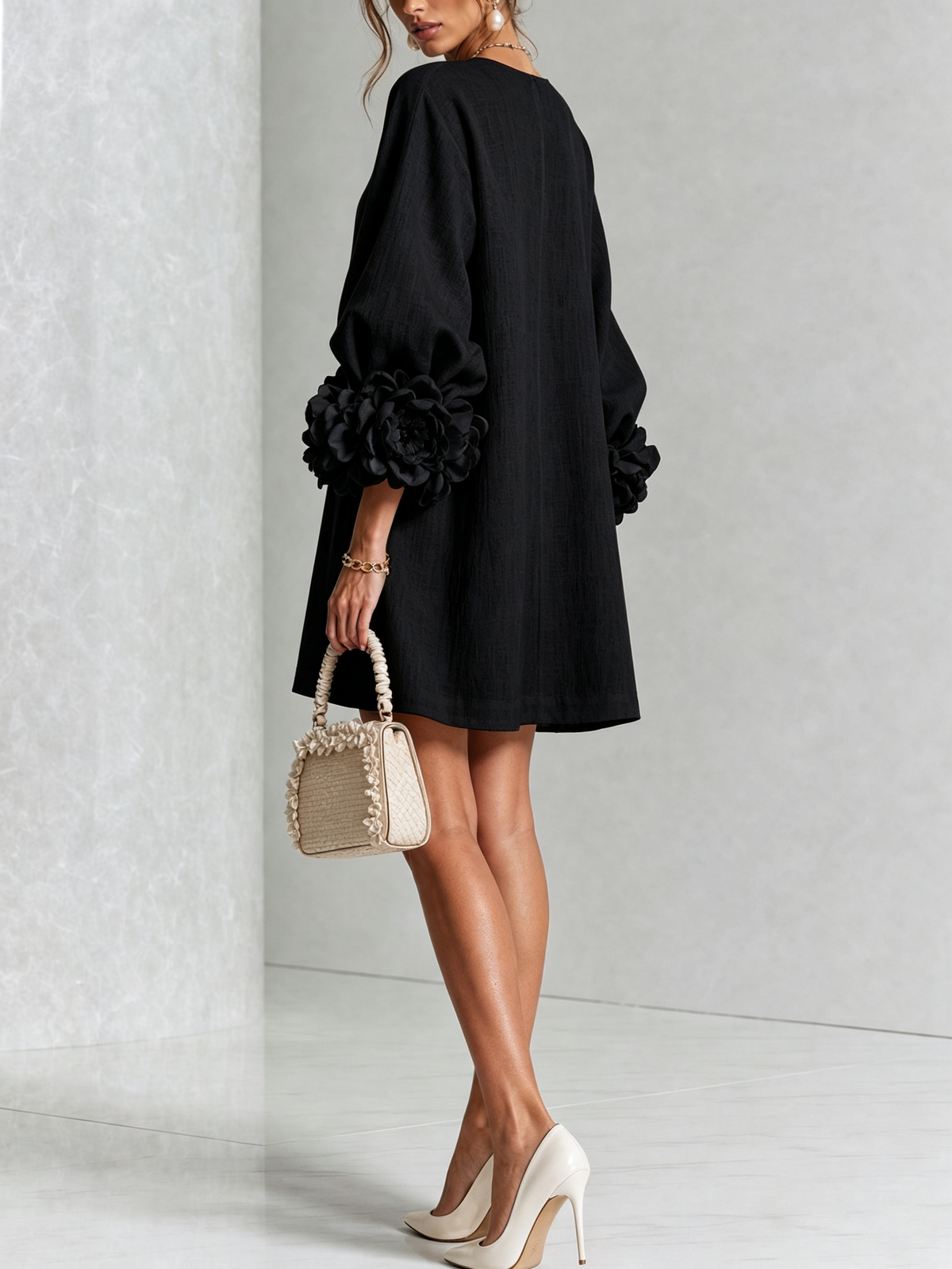 Claire | White Floral Button-down Mini Dress With Striking Floral Cuffs