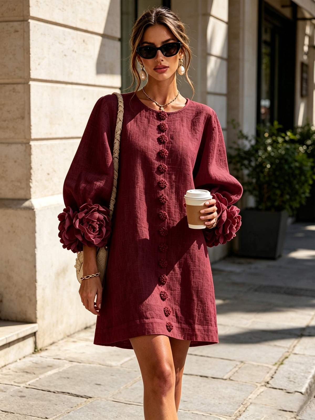 Claire | White Floral Button-down Mini Dress With Striking Floral Cuffs