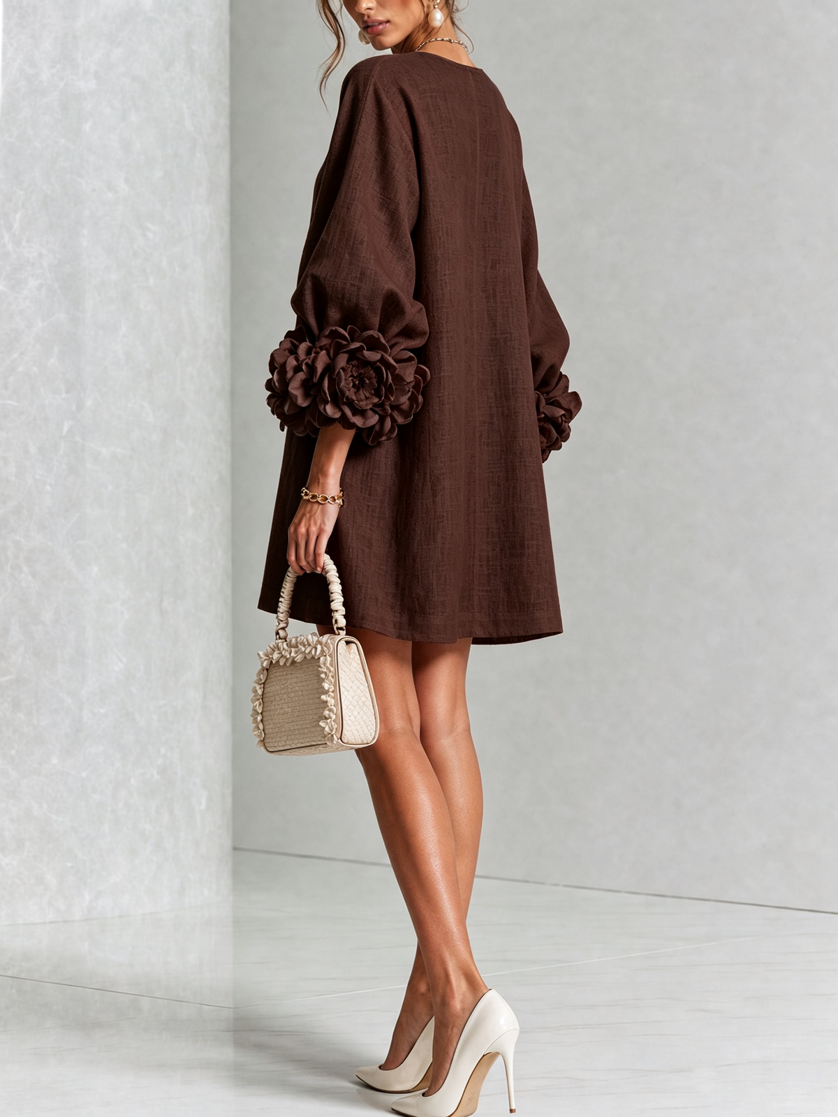 Claire | White Floral Button-down Mini Dress With Striking Floral Cuffs