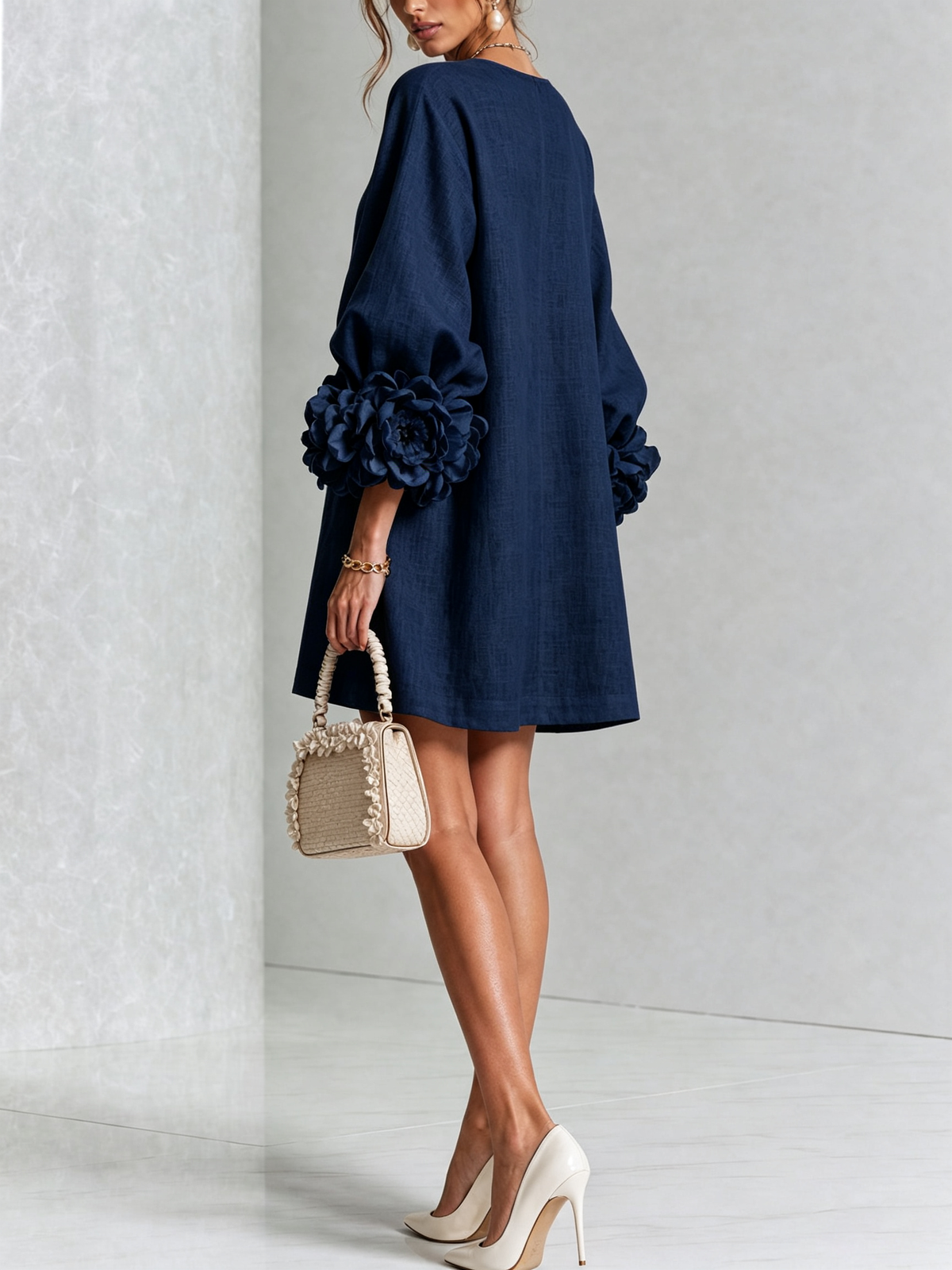 Claire | White Floral Button-down Mini Dress With Striking Floral Cuffs