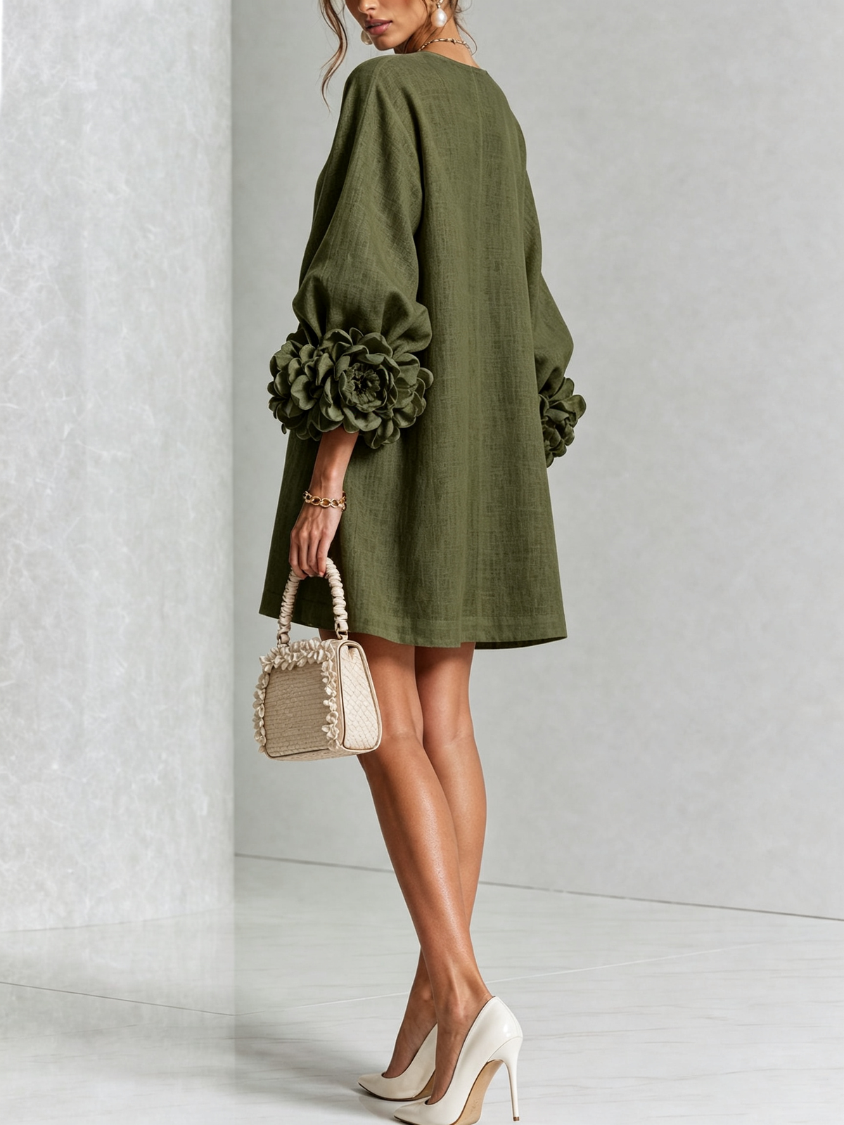 Claire | White Floral Button-down Mini Dress With Striking Floral Cuffs