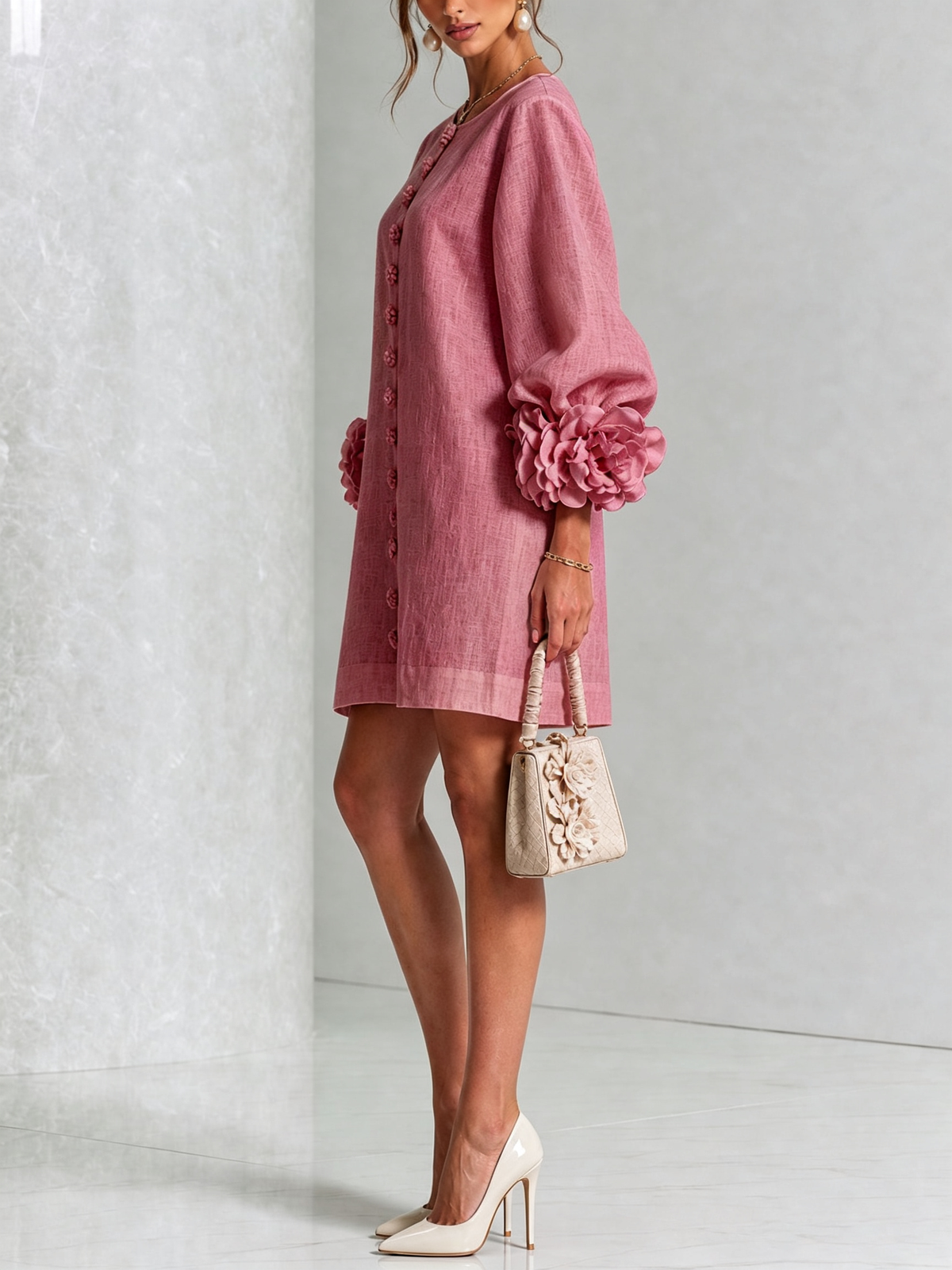 Claire | White Floral Button-down Mini Dress With Striking Floral Cuffs