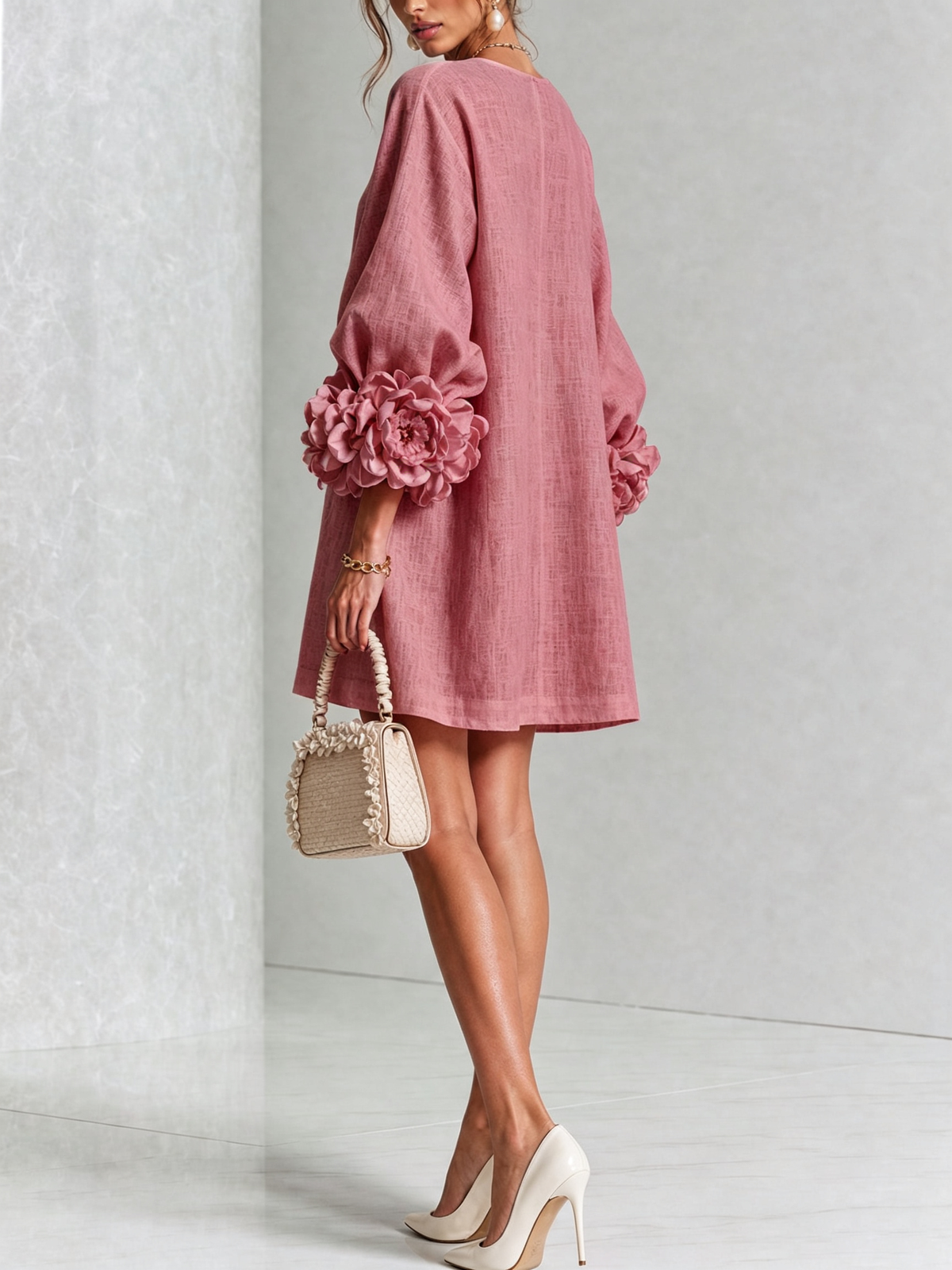 Claire | White Floral Button-down Mini Dress With Striking Floral Cuffs
