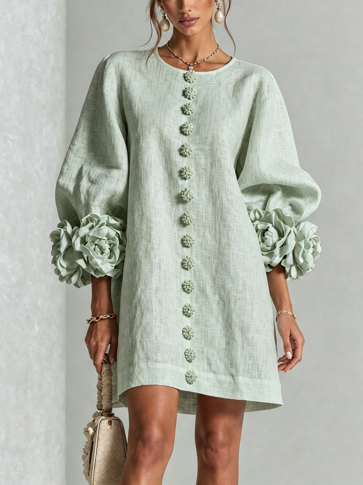 Claire | White Floral Button-down Mini Dress With Striking Floral Cuffs