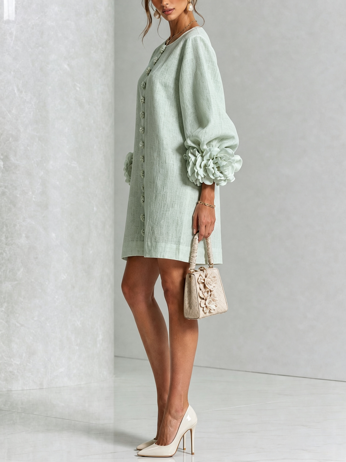 Claire | White Floral Button-down Mini Dress With Striking Floral Cuffs