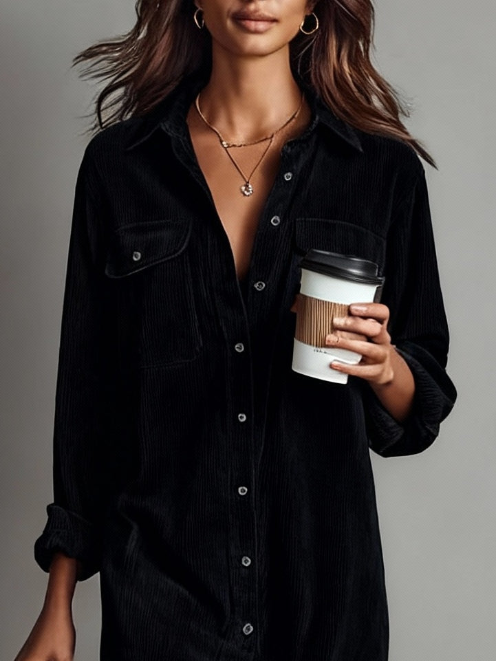 Lucinda | Loose Corduroy Double Chest Pocket Single Breasted Midi Dress